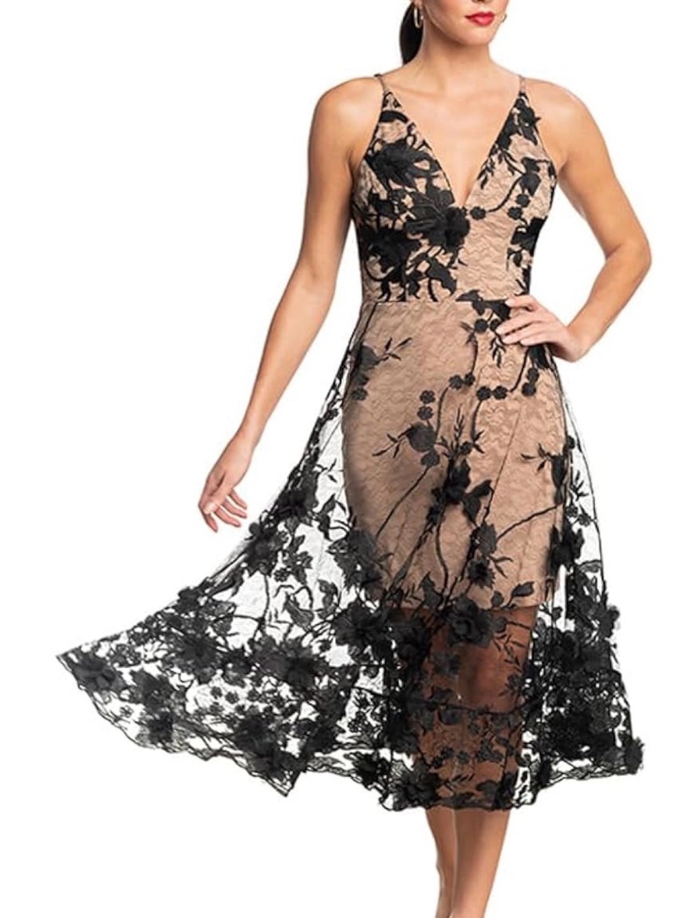 Dress the Population Maya Sheer Black Floral Lace Overlay V-Neck Midi Dress L